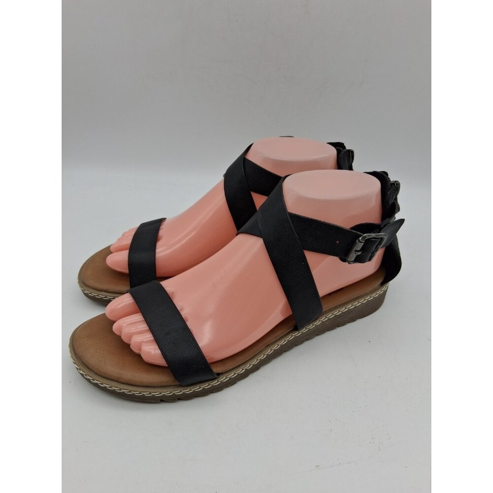 Blowfish Malibu Vegan Black Flat Sandals Strappy  Zipper Buckle Criss Cross 7.5 - Picture 3 of 11